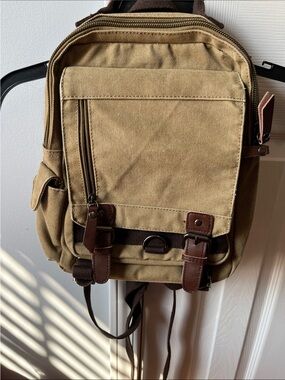 Tan Canvas Backpack with Brown Leather Accents